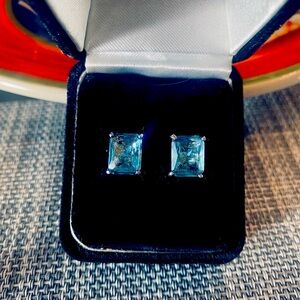 Basket-set Emerald Cut Aquamarine and Silver Stud Earrings